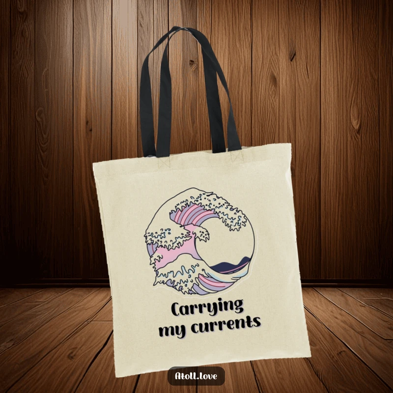 Funny Tote Bag combining a flowing wave pattern with crisp, geometric architectural lines, a stylish carry-all.