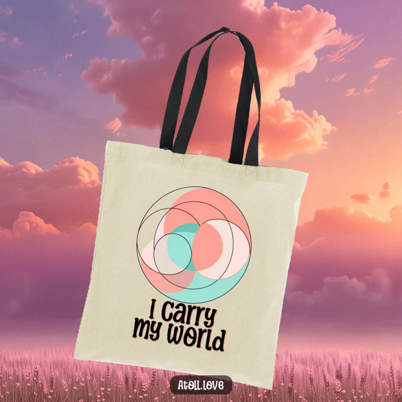 Funny abstract geometric art tote bag with vibrant coral and teal interlocking circles and sharp lines, modern pattern.